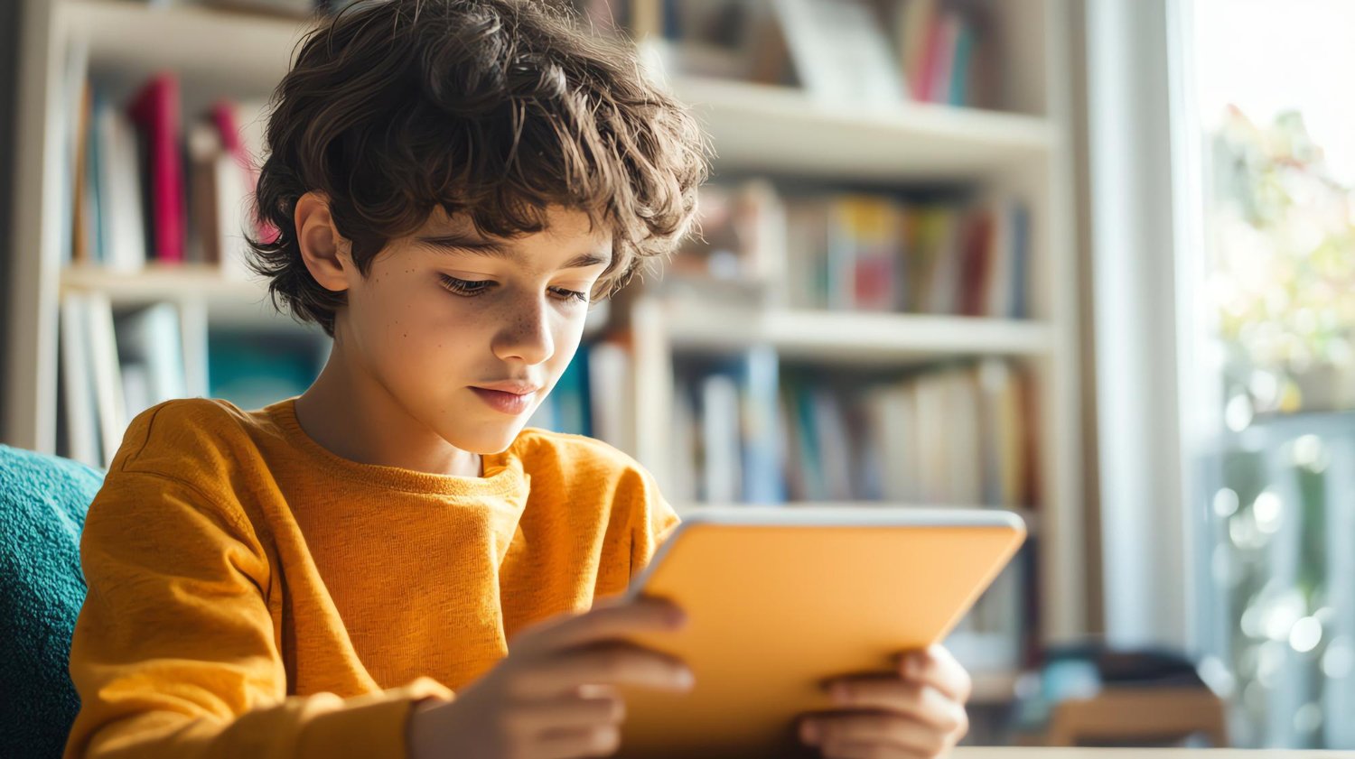 Child concentrating on screen-based attention training activity